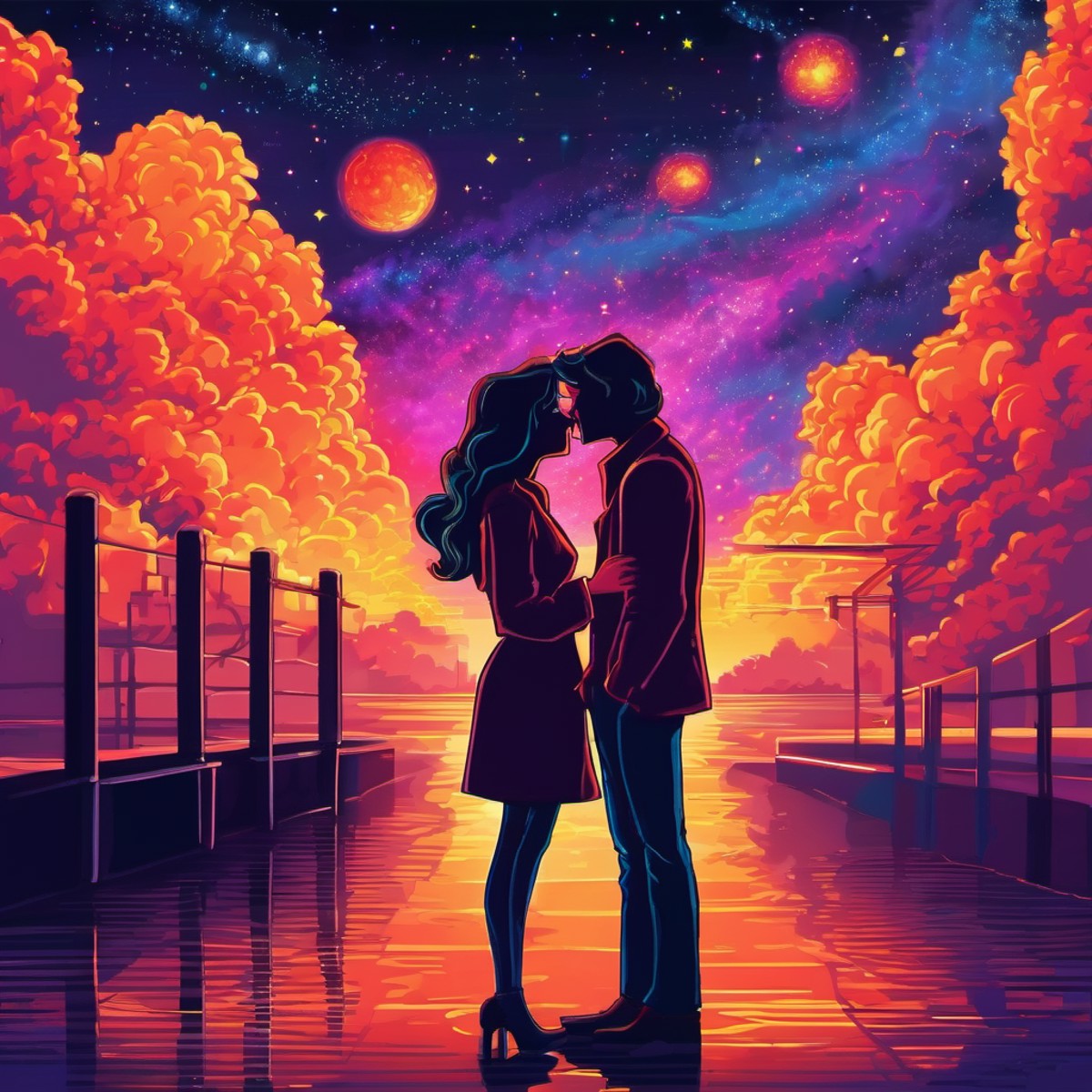 Retro game art side view of two a man and woman kissing in a glowing galaxy fire . 16-bit, vibrant colors, pixelated, nost...