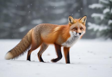 very realistic photograph of a red fox walking in a snowy field, coniferous forest background