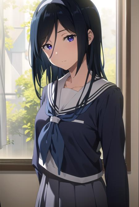 fuyumiirisu, <lora:fuyumi irisu s1-lora-nochekaiser:1>,
fuyumi irisu, long hair, (purple eyes:1.1), black hair, hair between eyes, hairband,
BREAK skirt, school uniform, serafuku, kamiyama high school uniform \(hyouka\), black skirt, long sleeves, black sailor collar,
BREAK indoors, classroom,
BREAK looking at viewer, (cowboy shot:1.5),
BREAK <lyco:GoodHands-beta2:1>, (masterpiece:1.2), best quality, high resolution, unity 8k wallpaper, (illustration:0.8), (beautiful detailed eyes:1.6), extremely detailed face, perfect lighting, extremely detailed CG, (perfect hands, perfect anatomy),