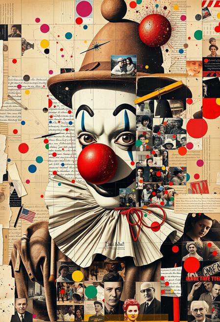 Outsider art. A surreal and deconstructed boldly coloured mixed-media collage in the style of Jacques Prévert with an urgent sense of chaos and energy. An analogue collage artwork blending fragmented styles, layers and textures. 
A faded vintage sepia photograph of 1920s American travelling carnival clown.
Layered over this obscuring the image are multiple fragmented and overlapping layers of chaotic thick paint, splatters of paint, palette knife oil paint, handwritten scrawled text messages, torn photographs and broken distorted vintage photographs filling the canvas. Layers of repetition of brightly coloured dots in Yayoi Kusama style. Fragmented scribbles and abstract graffiti images in Jean-Michel Basquiat style over the top. The overall effect is manic and anarchic with an urgent sense of energy.