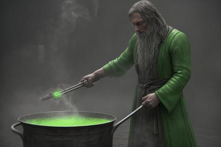 A photorealistic image of a wizard stirring a massive cauldron brimming with neon green liquid. The cauldron is bubbling vigorously, emitting streams of steam and magical sparks. The wizard's robes have the Mountain Dew logo prominently. 4K, high detail, masterpiece