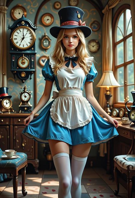 UnderlandAlice,  Score 9, Score 8, Score 7, Masterpiece, High Quality, Good Quality, Latest Model, High Resolution, alice in wonderland, blonde hair, short blue dress, white apron, white thighhighs,
BREAK
Mad Hatter, top hat, clocks, tattered,
fantasy horror, studio ghibli nightmare, neil gaiman aesthetic, soft shadows, cinematic lighting, masterpiece