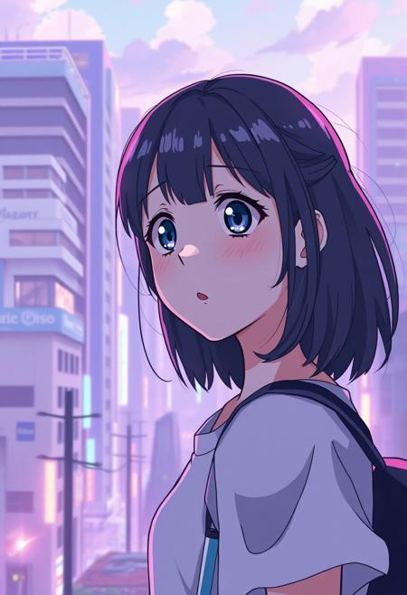 A slice-of-life scene where a girl with an impossibly over-the-top shocked expression stares at a dreamy, otherworldly cityscape, where the buildings are too clean, too perfect, creating an eerie, utopian contrast. expressive manga characters in hyper-stylized dreamlike landscapes, pastel surreal lighting with exaggerated anime expressions, cinematic photographic realism blending with dynamic cartoon movement, whimsical yet slightly eerie atmosphere, vibrant yet minimalist composition