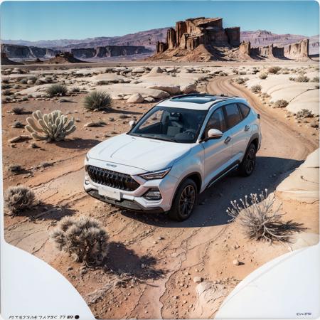 analog film photo, front left view, (white:1.2) (evo:1.2) car, dynamic view, luna desert landscape, crystal plants, water, droughts, epic . faded film, desaturated, 35mm photo, grainy, vignette, vintage, Kodachrome, Lomography, stained, highly detailed, found footage <lora:evo_luna_EVO7_LORA_SD15_v05:0.9>