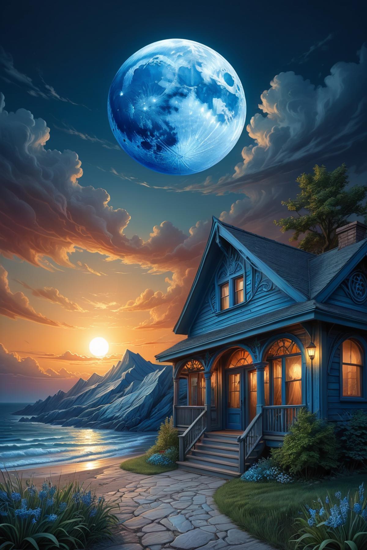 A house by the ocean with the moon in the background and a beautiful sunset.