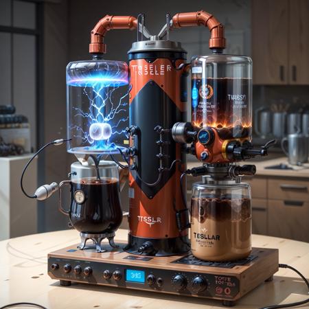 , <lora:teslapunkai2:.5> , teslapunkai,  retro-futuristic, 
coffee machine ,   tesla coil   powered