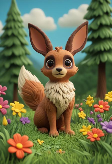 novuschroma51 style, Eevee standing in a lush green field, surrounded by vibrant trees and colorful flowers. The entire scene is crafted in a charming claymation style, with Eevee’s soft, rounded clay texture giving him a handcrafted, stop-motion feel. The grass, trees, and flowers are sculpted from vividly colored clay, with visible fingerprints and smooth, slightly uneven textures, enhancing the handmade aesthetics. The atmosphere is joyful and lively, with a bright blue sky and fluffy clay clouds. The scene has a whimsical, storybook-like charm, reminiscent of classic stop-motion animation. (masterpiece: 2), best quality, ultra highres, original, extremely detailed, perfect lighting)