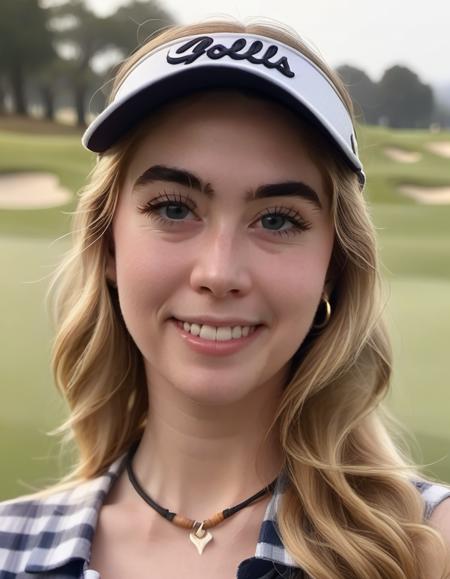 <lora:grcchrs-000016:1> portrait photo of grcchrs woman, makeuo, looking directly at camera, dramatic light, on a golf course, squinting eyes