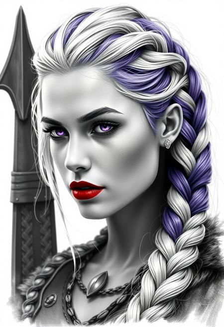 Different mimics and womanfaces, black and white portrait of a Viking warrior woman with braided purple and white  hair, wearing red lipstick, Purple eyes. long blonde braid, looking forward, white background, high contrast, low color palette, fantasy style, detailed --chaos 55 --ar 1:2 --personalize yruxpc2 --stylize 750 --v 6.1