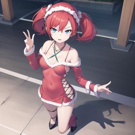 dscs-nokia, santa costume, red hair, short hair, short twintails, hair between eyes, hair ornament, blue eyes, medium breasts, collarbone, full body, solo, 1girl, outdoors <lora:dscs-nokia-000002:0.4>