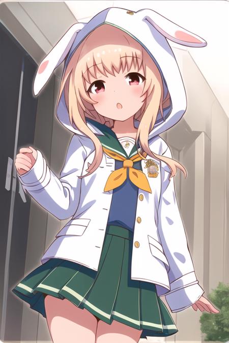 Watagi Michelle, 1girl, solo, hood, animal hood, rabbit hood, skirt, sleeves past wrists, parted lips, blush, looking at viewer, hood up, open clothes, long sleeves, jacket, bangs, green skirt, red eyes, blonde hair, white background, rabbit ears, open jacket, hooded jacket, school uniform, animal ears, shirt, hands up, long hair, cowboy shot, :o, hoodie, white jacket, blue shirt, yellow neckerchief, sidelocks, pleated skirt, lop rabbit


  <lora:batoga-v1.0:1>