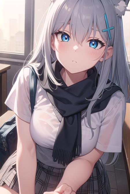 bluearchiveshiroko, <lyco:shiroko-lyco-nochekaiser:1>, 
shiroko, animal ears, blue eyes, grey hair, hair ornament, hairpin, halo, medium hair, wolf ears,
BREAK checkered clothes, checkered skirt, school uniform, skirt, scarf,
BREAK looking at viewer, 
BREAK indoors, classroom,
BREAK <lyco:GoodHands-beta2:1>, (masterpiece:1.2), best quality, high resolution, unity 8k wallpaper, (illustration:0.8), (beautiful detailed eyes:1.6), extremely detailed face, perfect lighting, extremely detailed CG, (perfect hands, perfect anatomy),