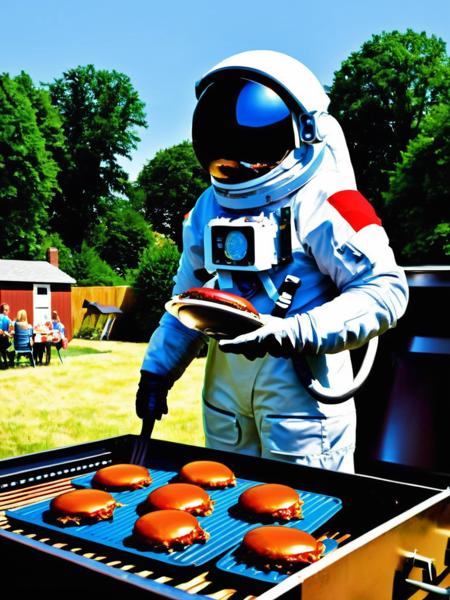 At a neighborhood barbecue:1.1, the astronaut:1.2 grills burgers:1.15, the sizzle of the patties a reminder of earthly pleasures. , <lora:Astro_Life:0.8>