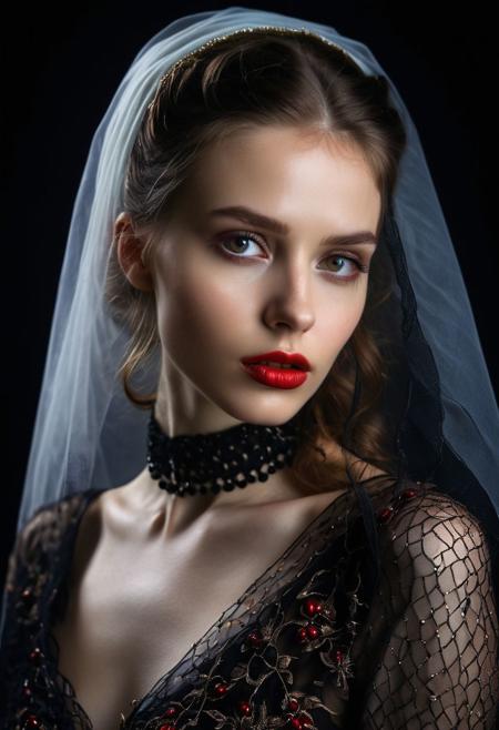 A professional (fashion photo photography:1.2),a  (studio portrait:1.2),showing (surrealistic style:1.1),(black purple gradient background:1.2),(exaggerated character movements:1.5),against glass,(masterpiece, best quality:1.4), perfect body,  long hair, brown hair, brown eyes, parted lips, , detailed skin,model photoshoot, long bob-cut hair, shiny oiled skin, pale skin,  pale white skin, shiny oiled skin, pale skin, realistic eye and face details), hyperrealism, very slim,  4k HDRvaporwave style Ultra High Resolution, wallpaper, 8K,Rich texture details, hyper detailed, detailed eyes, detailed background, dramatic angle,Ultra High Resolution, wallpaper, 8K,Rich texture details, hyper detailed, detailed eyes, detailed background, wearing translucent veils, elegant profile pose, dark photography, dramatic lighting, black background, deep shadows, chiaroscuro, (old russian folk light dress red ornaments:1.1) slim elegant russian girl folk hairstyle halo above head (icon style:1.2) choker, make-up photography by (Ethel Warwick:1.3), modelshoot, pose, , (Ethel Warwick: 1,2) award winning photo macro shot  dramatic lighting,philosophical dimensions,NIKON Z9,35mm,f/1.2,RAW format,stark composition.,(muted tones:1.2),award winning photo,(dream-like quality:1.2),