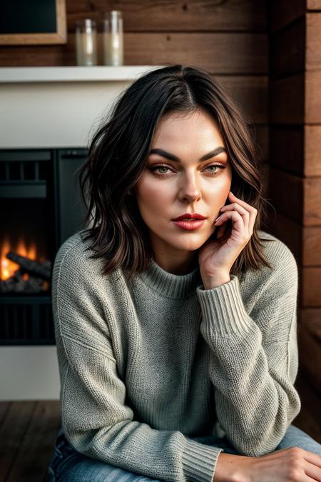 photo of (EPS3r1d4Sw4n:0.99), closeup portrait, perfect hair, (modern photo, Sweater), 24mm, (analog, cinematic, film grain:1.3), ((fireplace, cabin, gradient:1.1)), ((detailed eyes)), ((eyeliner, long lashes)), (epicPhoto), long eyelashes, (perfect waist), (painted lips)