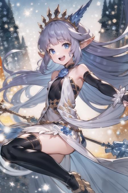 masterpiece,best quality,detailed, <lora:lily-Counterfeit-V3.0:1>, solo, 1girl, field of deapth, lily_\(granblue_fantasy\), granblue fantasy, pointy ears, shilver hair, very long hair, blunt bangs, (hair ornament:0.9), blue eyes, small breasts, collarbone, outstretched arms, white dress, skirt, black thighhighs, black elbow gloves, smile, looking at viewer, winter, holding staff,