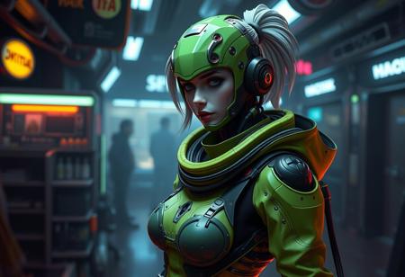 Create a highly detailed, 8K resolution, 3D model of a female cyborg character wearing a green and black suit, inspired by Hyperlight Drifter, Final Fantasy XIII, and Doom. The character should have ideal proportions, with a mix of X-Men's Storm and a female thief's features. Incorporate elements of high-end fashion, apothecary, and hazmat designs. The scene should have a dark, cyberpunk atmosphere with neon accents and soft lighting, reminiscent of a post-apocalyptic world. Include body modification, cable wires, and armor details, adhering to the golden ratio. The style should be inspired by Artgerm and Ilya Kuvshinov, with a mix of realistic and stylized elements. The output should be a detailed painting or 3D render, suitable for Artstation or Deviantart.