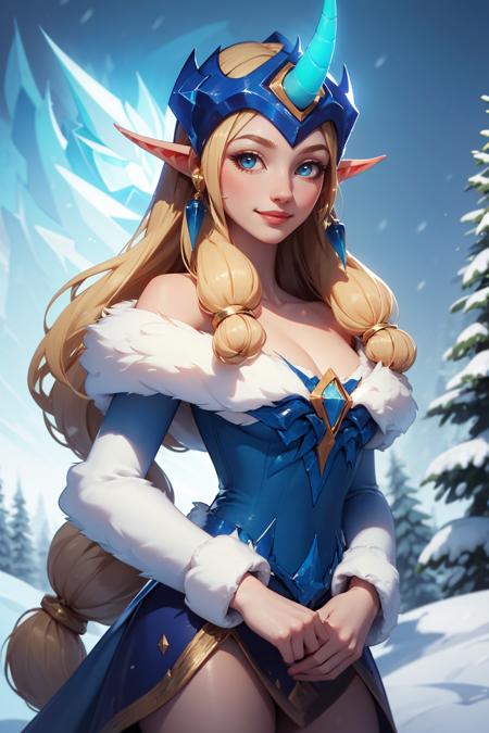 winter wonder soraka, 1girl, single horn, fur-trimmed dress, bare shoulders, earrings, blonde hair, pointy ears