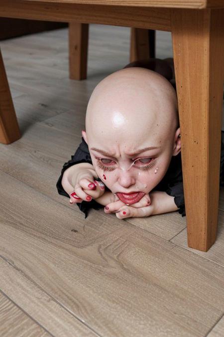 Bald sad doll girl crying on the floor under the table