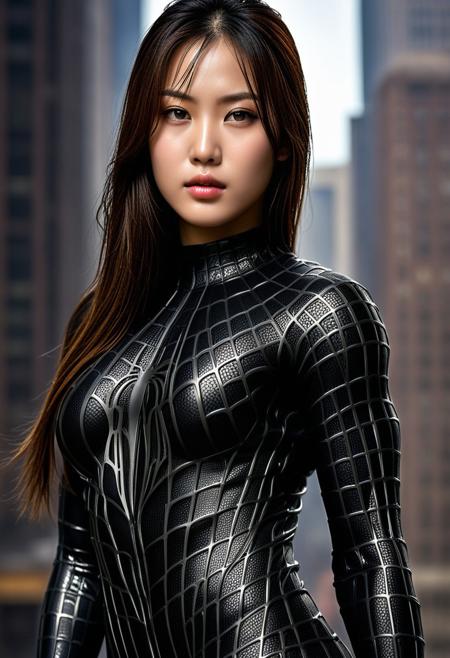 score_9, score_8_up, score_7_up, best quality, realistic, masterpiece, beautiful detail, hyperrealistic, ((1girl, woman body, big breasts)), amazing detailed full body portrait of a beautiful girl, wearing a realistic and highly detailed black raimi spider-man suit with mask, ((huge muscular girl)), professional model of korean girl wears ultra - detailed black raimi spider - man suit, ultra - detailed and grained black raimi spiderman suit, suit covered entire body and hand, black spiderman gloves, wet, (strong pose), (full body), (dirty skin), close up, octane render, highly detailed, volumetric, dramatic lighting, (highest quality:1.1), (HDR:1.3), (top quality, best quality), realistic, high definition,