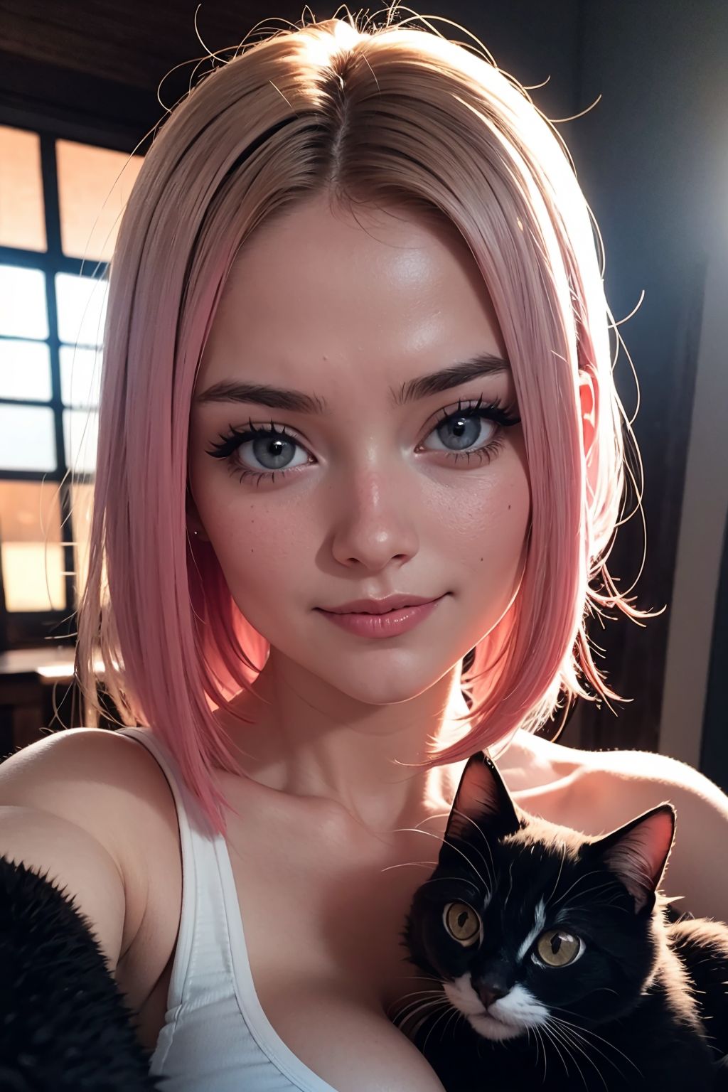 instagram photo, closeup face photo of 21 years old Charlotte, dressed in tight top, cleavage, dirty pastel pink hair, fai...