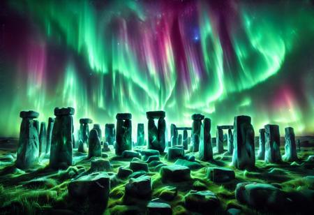 morph-aurora, stonehenge, aurora flows around the stones, , RAW Photo, absurdres, high quality, high detail, masterpiece