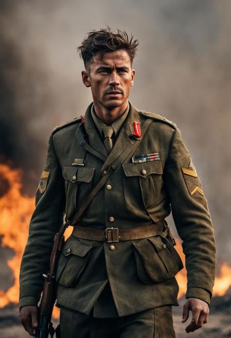 ultra realistic portrait of a soldier in world war, messy hair, (full body shoot:1.3), wearing a formal and torn military uniform, (he is scarred and dirty:1.7), (a battlefield background in flames), (facial expression of mixed fear and courage:1.4), Movie Still, Film Still, Cinematic, Cinematic Shot, Cinematic Lighting, Perfect Hands