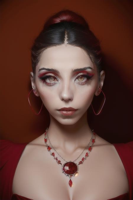 lora_sarafyan_girl, <lora:lora_sarafyan_girl_01t:1>,  a woman with a scarlet red dress and a necklace, red eyeshadows, with symmetrical facial features, medium closeup,