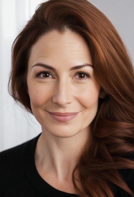 portrait, 35 year old woman, wide chin, big brown eyes, long auburn hair , wide nose, pores, natural skin, smirking, (leaning forward looking upwards), (strong eyebrows),  cleavage, open black pullover, (big cheekbones), cozy caffee