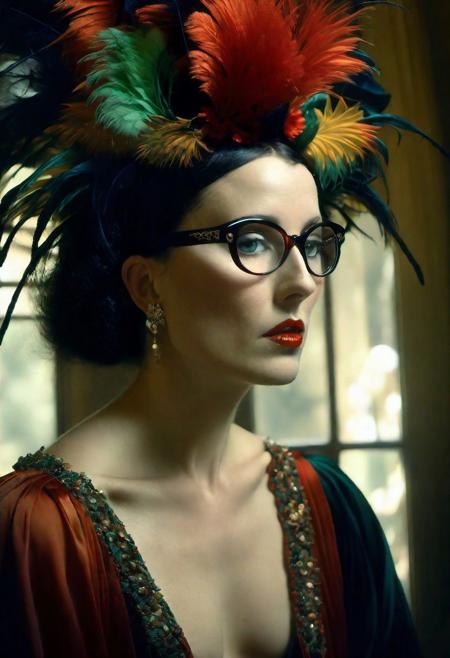 "Generate a portrait of a 50-year-old woman with captivating round glasses, short dark hair, a sensual mouth, a graceful neck, and a distinctive, slightly arched nose. The glasses frame her expressive eyes, hinting at a wealth of experiences. The short, dark hair complements her confident demeanor, and the subtle curve of her nose adds character. Use Civit AI to capture the nuances of her features, emphasizing the wisdom and beauty that come with the passage of time."breathtaking, natural light, famous artwork by (casey baugh:1.1) and ((anne bachelier:1.36):1.3)  (dramatic scene:1.3), (fractal art:0.4) of a  middle aged female sightseer looking sad into the camera