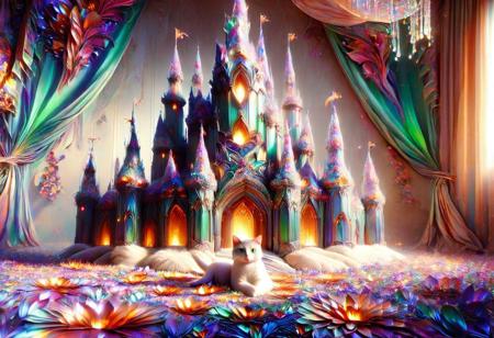 masterpiece, best quality,
a snow-white cat with emerald eyes collapsed on the bed. the bed is covered with a sheet with a pattern of multi-colored colors. On the bedside table are flowers of unprecedented shape and beauty. the beige wallpaper ceilings are high, a picture hangs on the wall on which a castle of spires and towers is painted, the castle stands on a mountain, to which a path of flowers leads. 4k, 8k, cinematic lighting, amazing quality, wallpaper, < lora: aesthetic _ anime _ v1s: 1 > ral-smlvltnpls