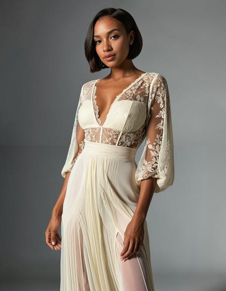 RAW full body analogue photo of a beautiful 25 years old woman, clear focus, high resolution image, African woman, clear focus, 8K, Alexa,<lora:Alexa_OC:0.6> ,Elegant deep V-neck gown, intricate lace overlay, sheer sleeves, flowing silk chiffon skirt, haute couture design. Professional fashion photography, studio lighting, soft diffused glow. Model posed gracefully, editorial style composition. Luxurious fabric draping, emphasizing neckline. High-end fashion atmosphere Fashion week runway aesthetic, magazine cover worthy., ((cute-bob-haircut:1.5)),,low light, soft natural light, Rembrandt style light, Hasselblad DLSR camera, 200mm Zeiss lens, f/2.8 ,Sexy pose, erotic pose, exhibitionism, ,Cobblestone street