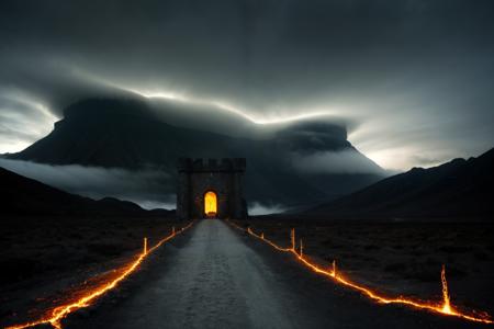 An expansive view of Angband, the fortress of Morgoth, as described in Tolkien's writings. The dark, foreboding fortress is built into a vast mountain range, surrounded by towering peaks and deep chasms. The architecture is imposing, featuring jagged stone walls and towering battlements that seem to scrape the sky. A menacing atmosphere envelops the scene, with swirling clouds overhead and a distant glow of lava illuminating the darkened landscape. The entrance to Angband is a massive archway, guarded by sinister creatures and adorned with dark banners fluttering in the wind. Shadows loom across the terrain, and the air is thick with a sense of dread and the echoes of ancient power, evoking the terrifying legacy of Morgoth's stronghold