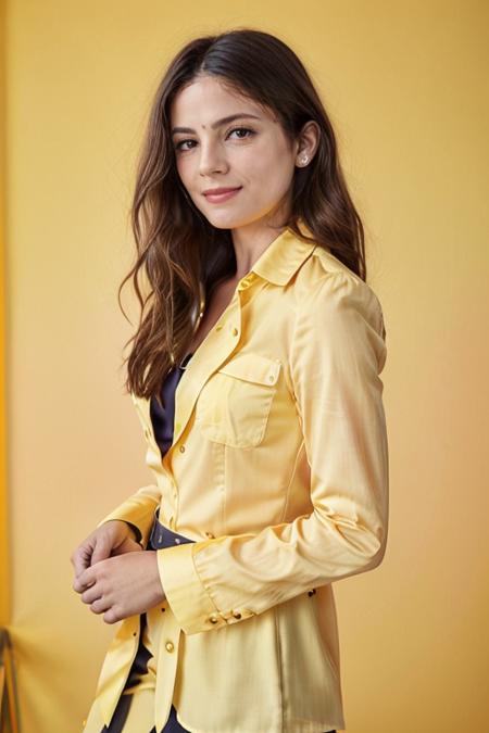 wearing a business suit, Safety Yellow blouse,  birthday party  <lora:Monica1873Bar:1> a woman, m1873b, solo,