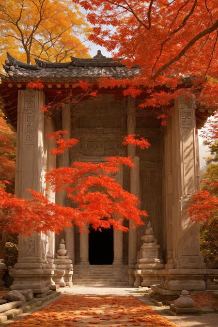 fiery red and orange maple trees surrounding ancient temple gates, soft morning light, fallen leaves swirling in the wind, monks walking in silence, serene and majestic tone, hyperreal detail