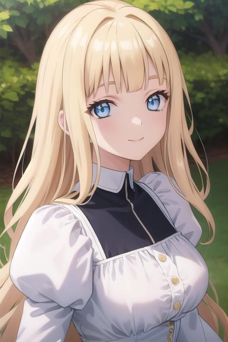 Camille Blanche very long hair,wavy blond hair,blunt bangs,blue eyes white dress,frilled dress,long sleeves,puffy detached sleeves,large breasts,skindentation,high heels
