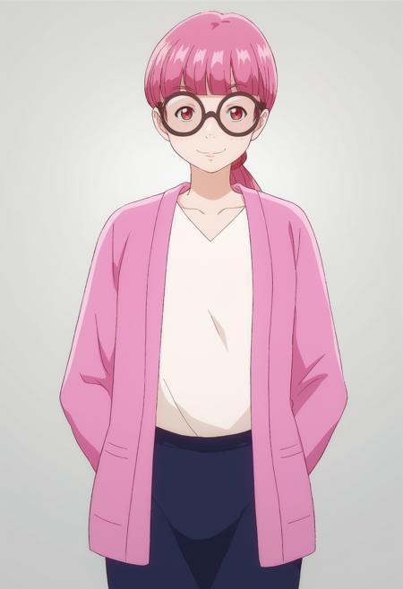 matsubara teruko, red eyes, pink hair,freckles idol, dress, choker, hair bow, twintails, low ponytail, glasses, pink blazer, shirt, pencil skirt long hair, ahoge,  glasses, tank top, skirt