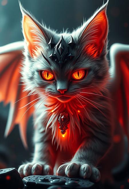 An amazing cat-like creature, incredibly cute appearance with a hellishly evil soul, in the style of good and evil, demonangel mythiccore, white mysticcraft, luminosity of background, fallingcore, hyper realistic and hyper detailed, stunning composition, hyper emotional, epic cinematic lighting. Highest-Quality, 4k, intricate details, visually stunning, Masterpiece