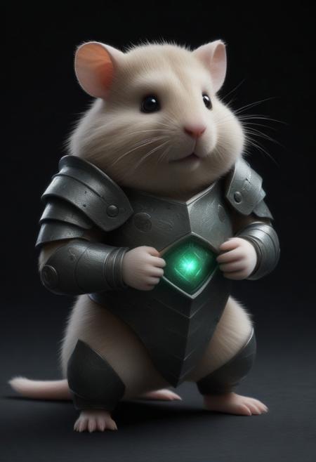 animal, armored hamster, intricate scales, Pamcocomat armor plating, glowing gemstone embedded in bracer, slit pupils, futuristic design, green energy accents, reinforced metallic structure, detailed textures, high-tech aesthetic, cinematic lighting, dynamic pose, fantasy cybernetic fusion