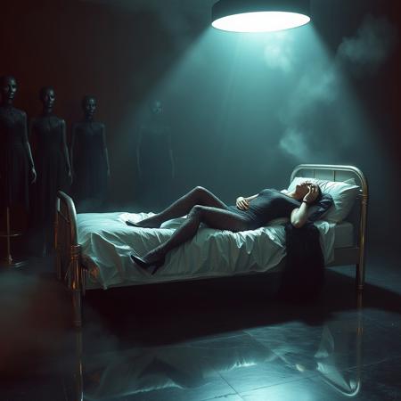 Ethereal, slender, ultra thin waist, tall, raven-haired Norwegian socialite wearing stunning black lace trouser suite and high heels, laying at reclined steel foil bed, head restrained in  surrounding sci-fi brainwashing machine ring, hand cuffed to the bed, ankles cuffed to the bed. Restrained. Bonded. Forced. Struggling. Eeire fog from the floor. A coterie of black, Victorian-era mannequins, draped in tattered, luxurious wedding black bridal ball-gowns. Above, a blindingly intense light beam illuminates the scene, casting an eerie glow upon the polished steel floor, cosmic horror of alien emperor bed-chamber. Inspired by the surreal, biomechanical visions of H.R. Giger, the eerie, atmospheric lighting of Roger Dean, and the masterful, cinematic storytelling of Ridley Scott