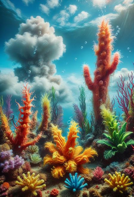a photo, realistic, photography, masterpiese, colorful, bright and whimsical, imaginative, epic image of (((clouds))) in a waterworld. The underwater atmosphere is saturated with wibrants color and shiny bubbles of gaz, Natural lighting, Aggressive plant and animal life forms., Natural light, Plant life forms.The background is blurred by Hasselblad depth of field, 100 mm, macrolens, high detail,
