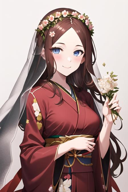 best quality, masterpiece, highres, solo, {leonardo_da_vinci_fgo:1.15}, long_hair, brown_hair, bangs, blue_eyes, parted_bangs, smile, breasts, blush, forehead, 1girl, alternate_costume, flower, hair_flower, hair_ornament, looking_at_viewer, closed_mouth, blue_kimono, floral_print, hands_on_own_face, head_wreath, japanese_clothes, kimono, pink_background, upper_body, veil