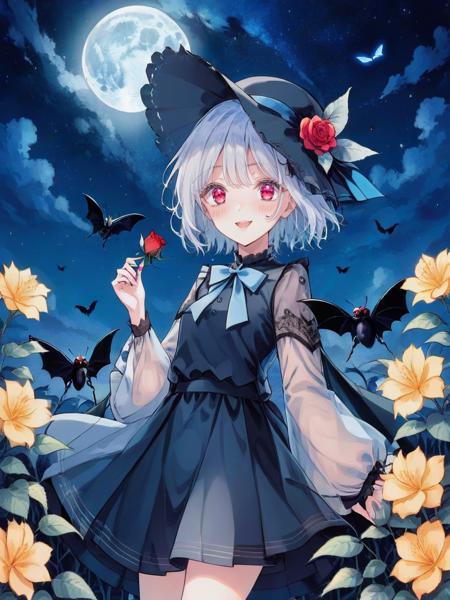 1girl, red eyes, hat, flower, blue flower, solo, butterfly, bug, bow, wings, rose, blue rose, white hair, holding, smile, moon, short hair, looking at viewer, choker, blue bow, white headwear, hat bow, blood, blue butterfly, night, long sleeves, red nails, wide sleeves, bangs, artist name, skirt, bat wings, sky, shirt, night sky, crescent moon, signature, black bow, hair between eyes, standing, open mouth, holding flower, black choker, outdoors, frills, hands up, nail polish