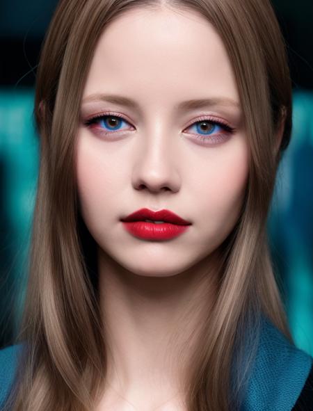 facial portrait, a woman, blonde, blue and red, cyberpunk  <lora:Mia Goth:0.7>  <lora:lowra_v10:0.6>