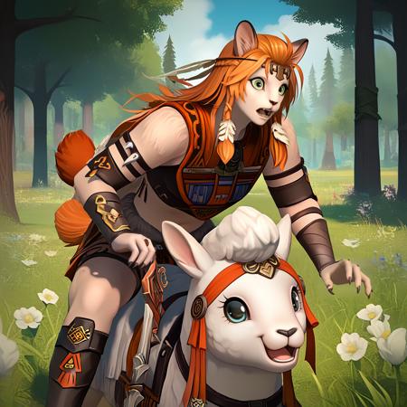 wuklamat, (furry female:0.7), green eyes, long orange hair tribal armor, circlet, brown armguards, brown legguards, brown sandals