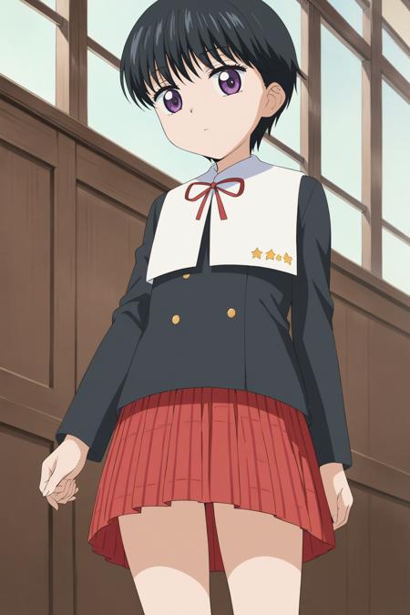 Imai Hotaru, purple eyes, short hair, black hair,long sleeves, shirt, school uniform, white sailor collarskirt,red skirt, pleated skirt, 