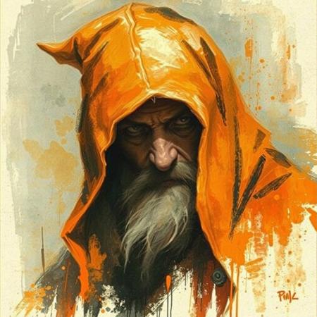 painting of a hooded wizard, rendered with bold, expressive smudges and unfinished strokes, Art nouveau style