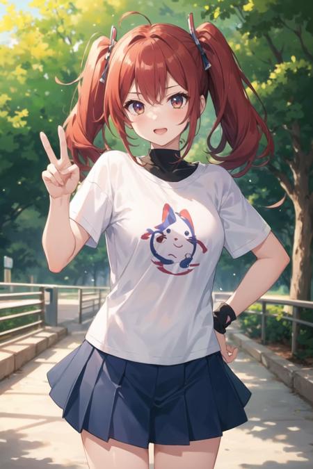 1girl, cowboy shot, standing, park, nature, twintails, t-shirt, skirt, short sleeves, outdoors, peace sign