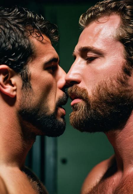 Two hairy chested fit rugby players kissing, sweaty, locker room, nipple piercing, 35mm film, cinemascope. masterpiece, best quality, highres, full body shot, (sexually suggestive:1.2), chiaroscuro, RAW candid cinema, studio, 16mm, ((color graded portra 400 film)) ((remarkable color)), (ultra realistic), textured skin, remarkable detailed pupils, ((realistic dull skin noise)), ((visible skin detail)), ((skin fuzz)), shot with cinematic camera, ((hyper realism)), sharp focus, cinematic lighting, photo realistic, hyper realistic. 4k, natural, global illumination, highly detailed, vivid, rich details, clear shadows and highlights, realistic, intense, enhanced contrast, highly detailed