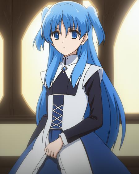 ((masterpiece)), (( best quality)), 1girl, solo, blue hair, blue eyes, long hair, two side up, long sleeves, dress, upper body, looking at viewer, <lora:ChthollyV2-000015:0.7>, indoors,